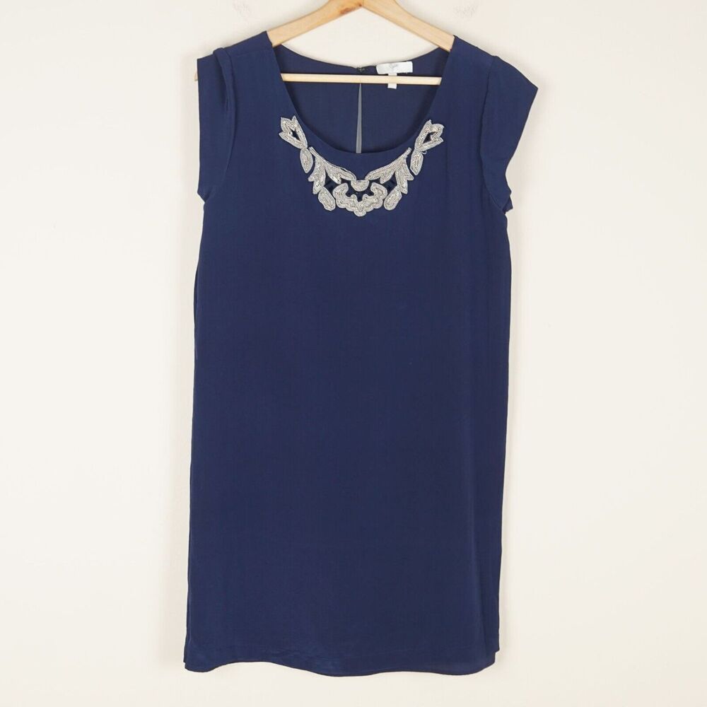 Joie Metallic Embroidered Chain Collar Blue Silk Mini Dress Womens Sz S